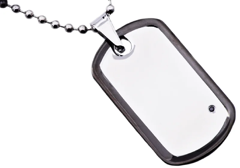 Big statement necklace for women-Mens Black Plated Stainless Steel Dog Tag Pendant Necklace With Black Cubic Zirconia