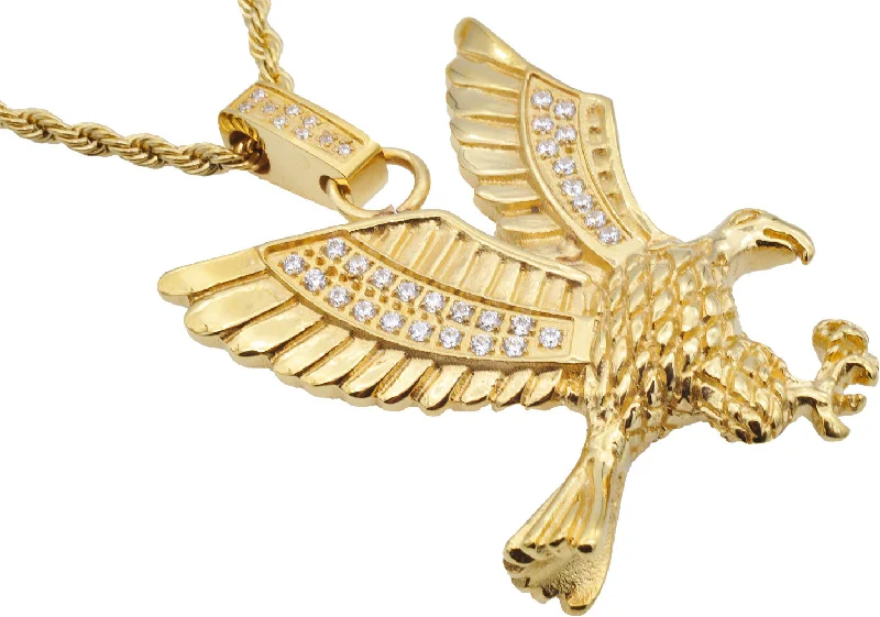 Sterling silver necklace for women-Mens Gold Stainless Steel Cubic Zirconia Eagle Pendant Necklace With 24" Rope Chain