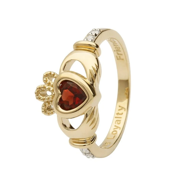 Elegant engagement rings for women-14K Gold Claddagh January Birthstone Ring Genuine Garnet and Diamonds - 14L90G