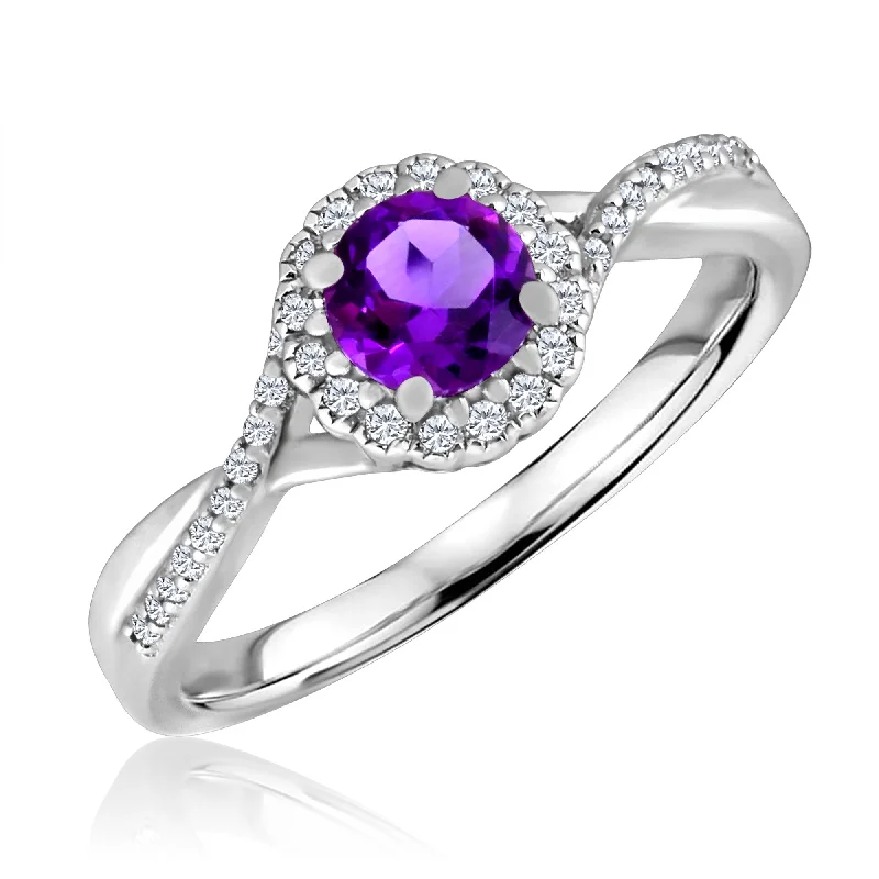 Elegant engagement rings for women-Amethyst and Diamond Halo February Birthstone Ring in Sterling Silver