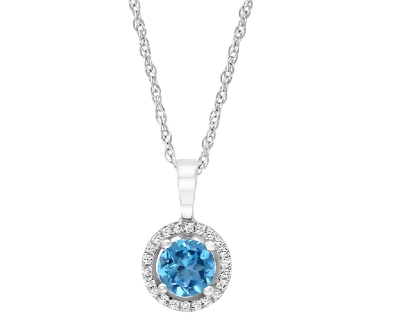 Long statement necklace for women-14K White Gold 0.72ctw Swiss Blue Topaz & Diamond Halo Necklace