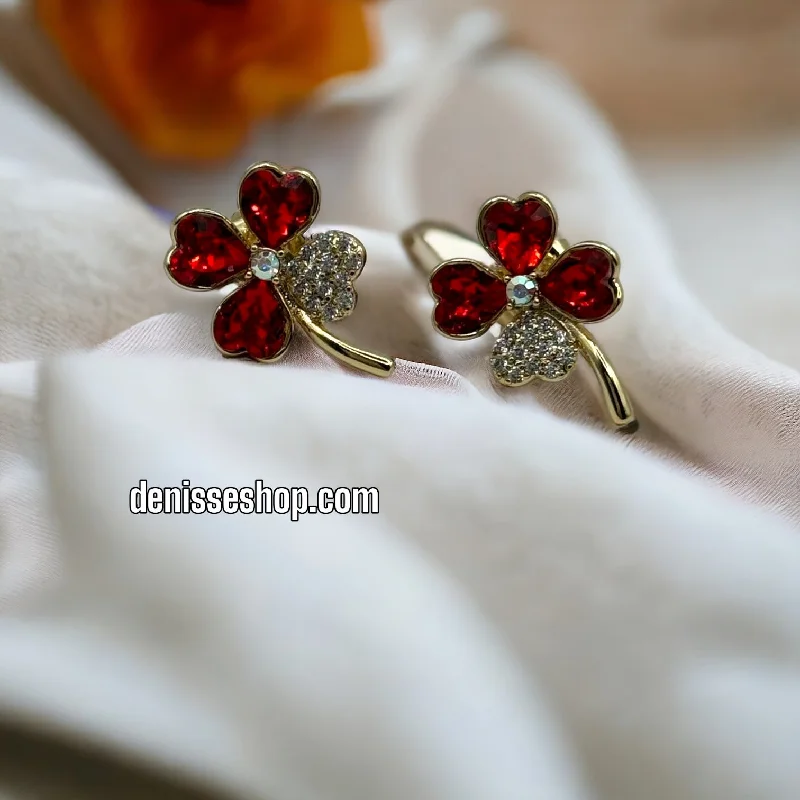 Unique earrings for women-14K Clover Red stone Earrings E332