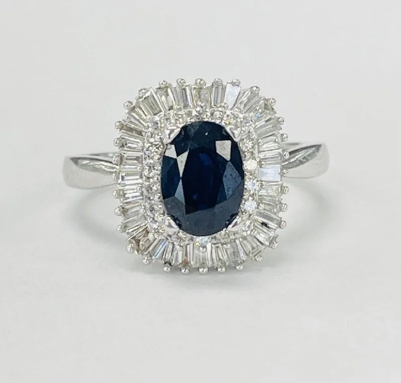 Diamond engagement rings with bands for women-Spectacular Estate Deep Blue Sappire And Diamond Balerina Ring