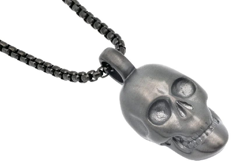 Silver-plated necklace for women-Mens Gun Metal Stainless Steel Skull Pendant Necklace With 24" Box Chain