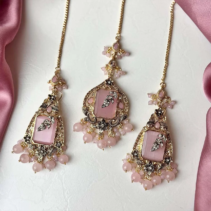 Rose gold earrings for women-Zarala Earrings Teeka Set (Baby Pink)