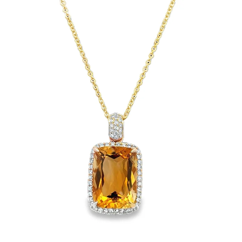 Gemstone choker necklace for women-Citrine and Diamond Pendant in Yelow Gold