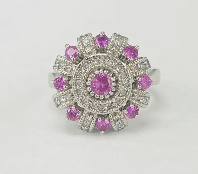 Halo engagement rings for women-Vintage Pink Sapphire And Diamond Cocktail Ring