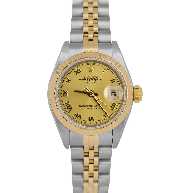 Lightweight sport wristwatches-PAPERS Ladies Rolex DateJust CHAMPAGNE ROMAN 18K Gold 26mm JUBILEE 79173 BOX