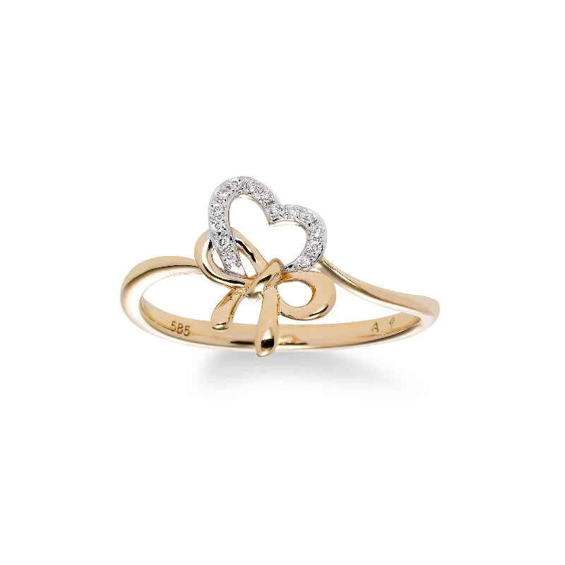 Wedding engagement rings for women-Petite Diamond Heart Bow Ring, 14K Yellow Gold