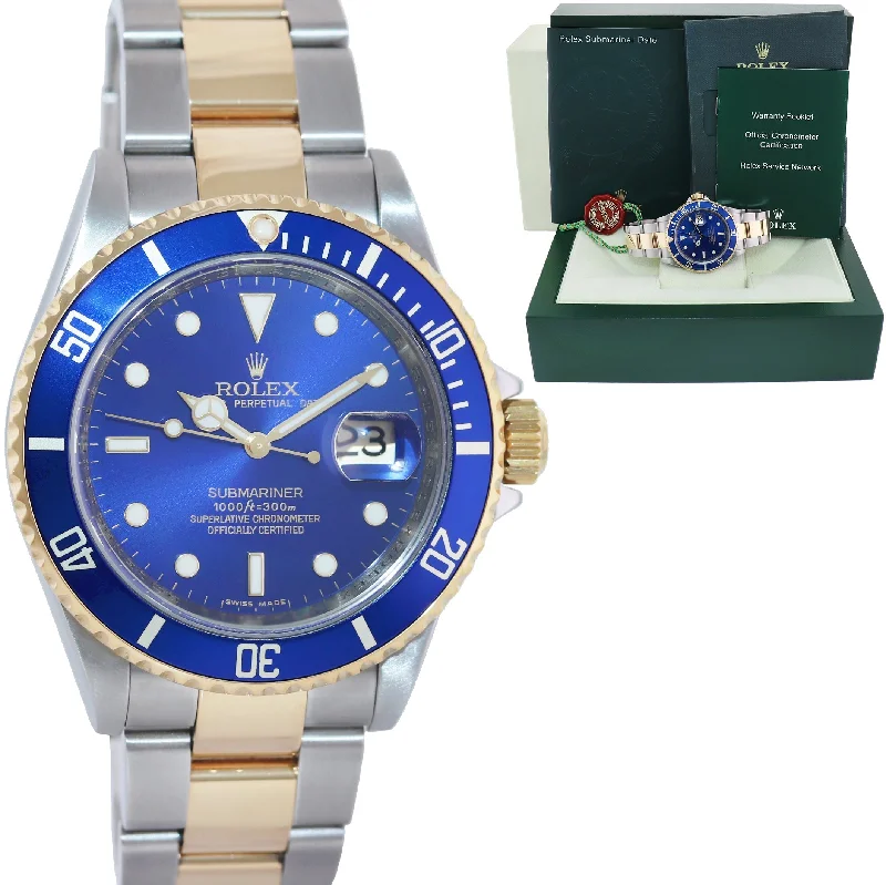 Designer luxury wristwatches for men-MINT 2008 GOLD BUCKLE Rolex Submariner 16613 Gold Steel Blue Watch Box