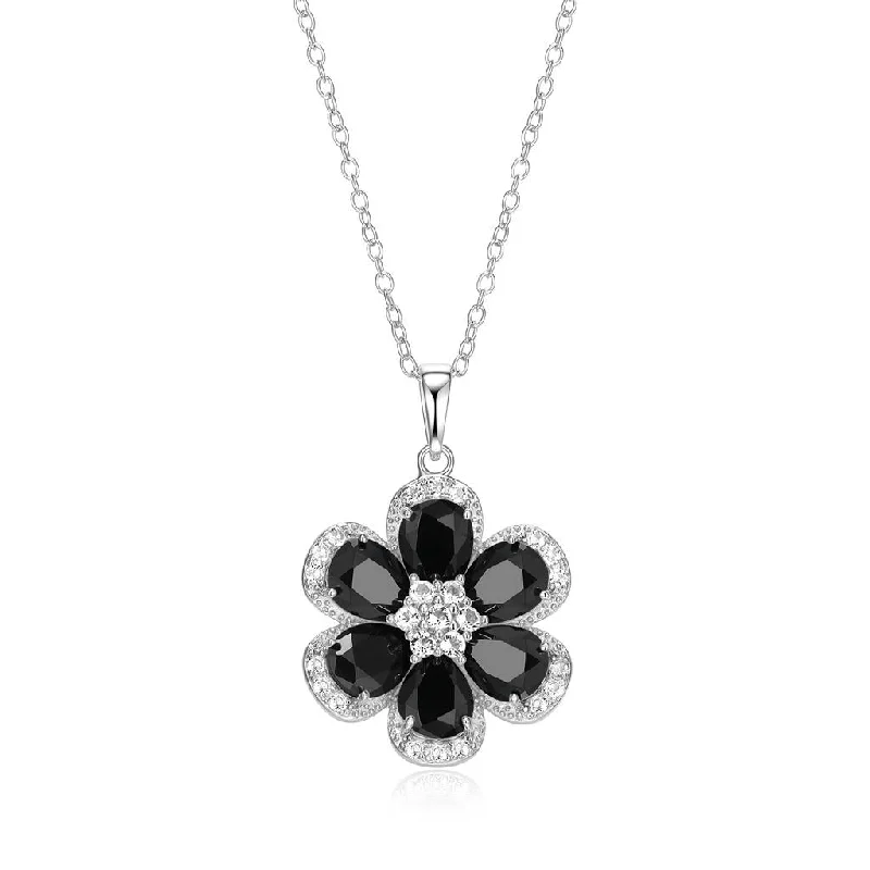 Emerald necklace for women-Sterling Silver Black Spinel & White Topaz Flower Necklace by Samuel B.