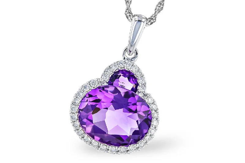 Sapphire necklace for women-14K White Gold 2.42ctw Oval Amethyst & Diamond Halo Necklace by Allison Kaufman