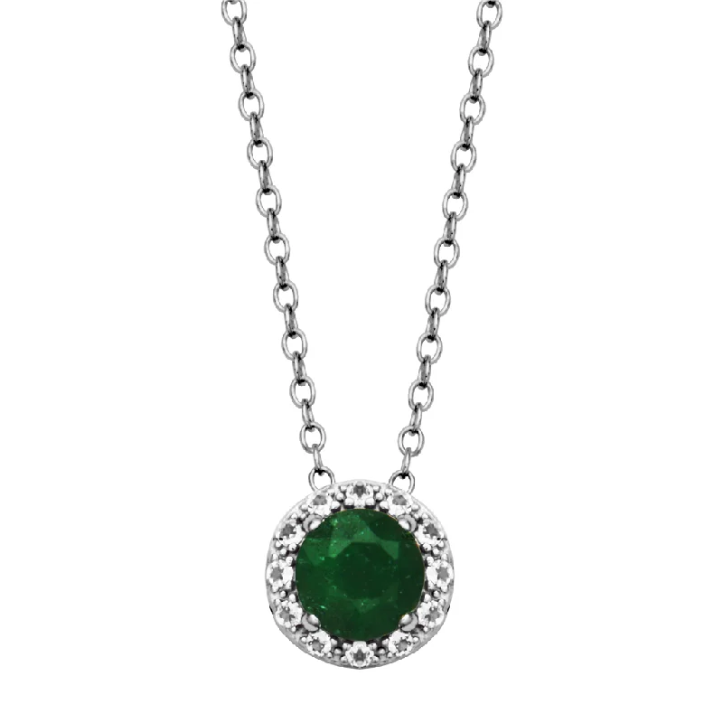 Adjustable silver necklace for women-Sterling Silver Dyed Green Corundum & White Topaz Halo Necklace by Samuel B.