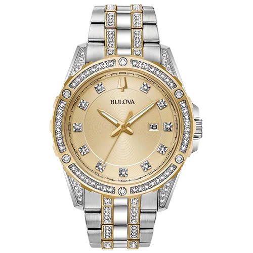 Digital wristwatches-Bulova Dress/Classic Crystal Mens Watch Stainless Steel