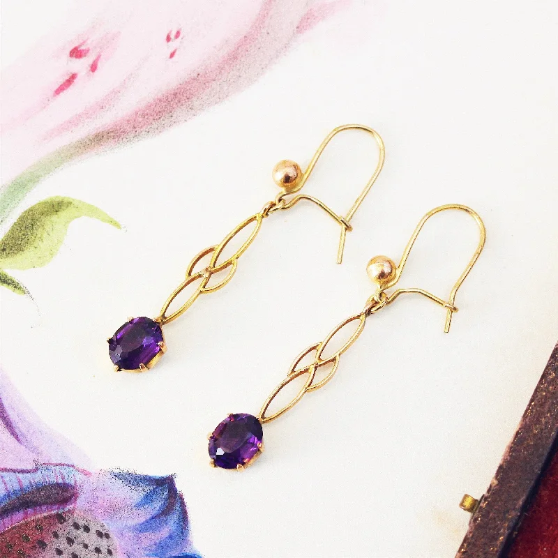 White gold earrings for women-Vintage 9ct Gold Amethyst Drop Earrings