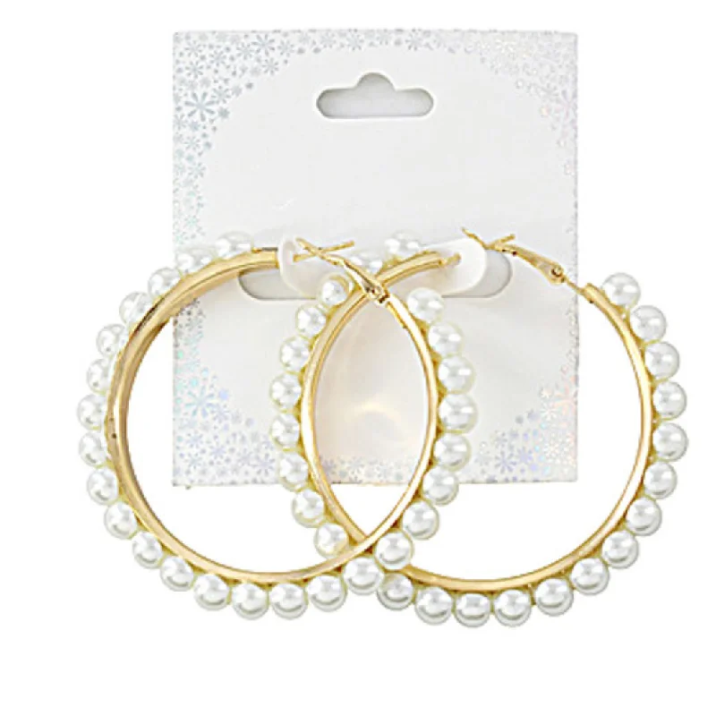 Sparkly earrings for women-Large Pearl Hoop Earrings