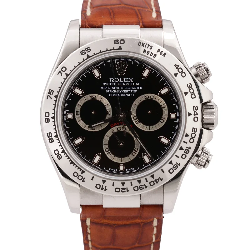 Watches with interchangeable bands-UNPOLISHED Rolex Daytona BLACK 18K White Gold Brown Leather Watch 116519 BOX