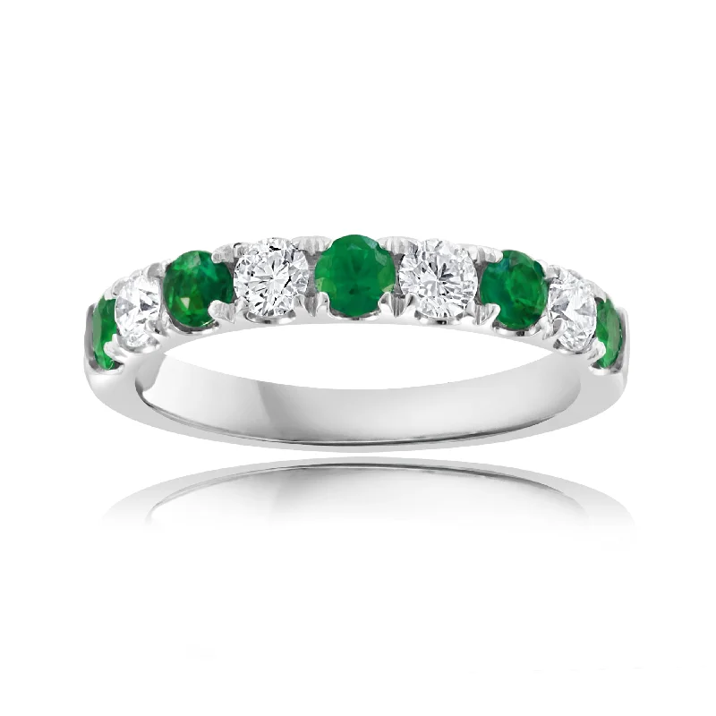 Bridal engagement rings for women-14K White Gold Emerald and Diamond Alternating Band