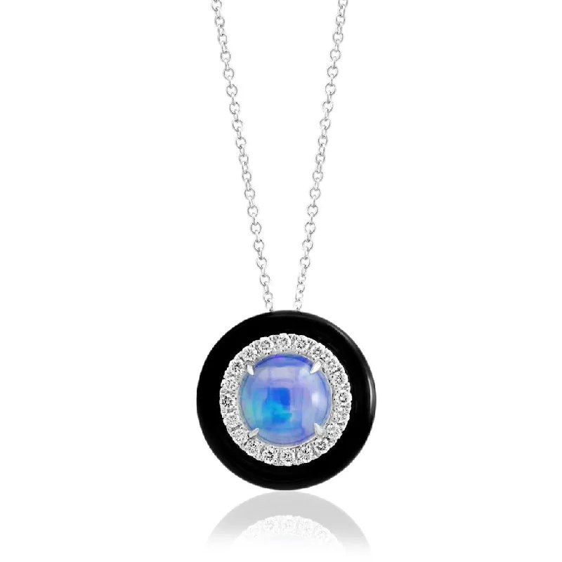 Simple necklace for women-14K White Gold 1.24ctw Opal, Diamond, & Black Enamel Necklace