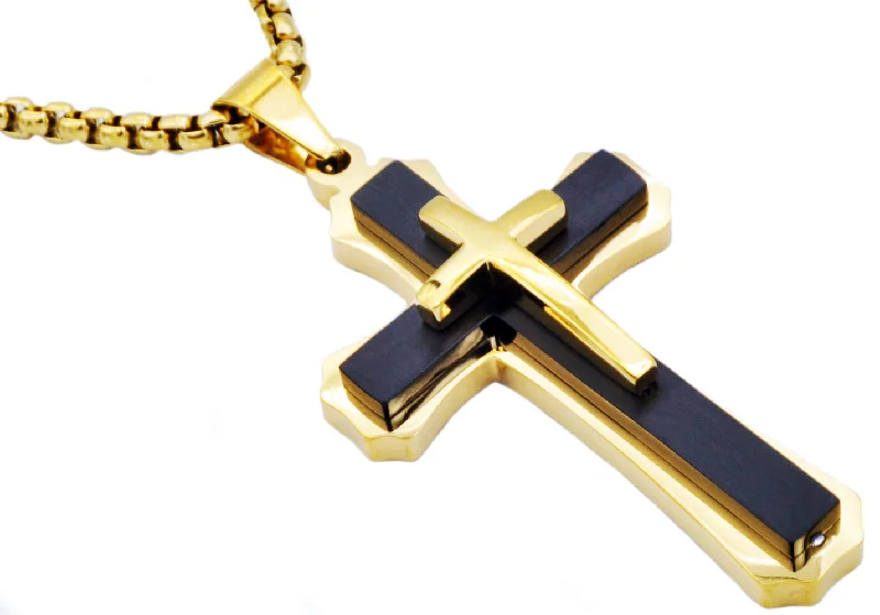 Custom gold necklace for women-Mens Black And Gold Plated Stainless Steel Cross Pendant Necklace