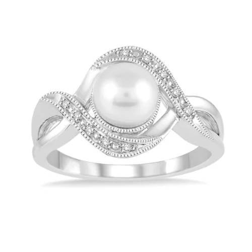 Oval diamond engagement rings for women-Sterling Silver 1/20ctw Diamond and 7x7mm Cultured Pearl Ring