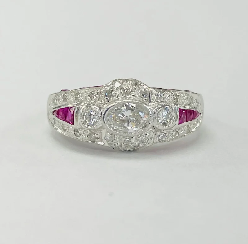 Modern diamond engagement rings for women-White Gold Custom Cut Rubies And Diamond Estate Ring