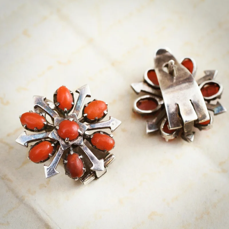 Gold-plated earrings for women-Vintage Mid Century Mexican Coral Silver Earrings