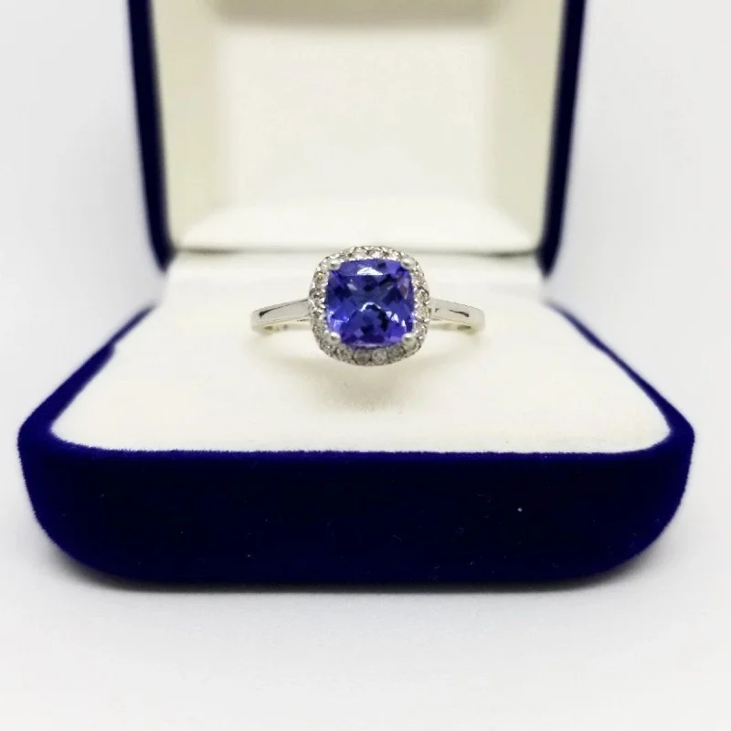 Engagement rings with emeralds for women-White Gold Tanzanite Halo Ring with Diamonds