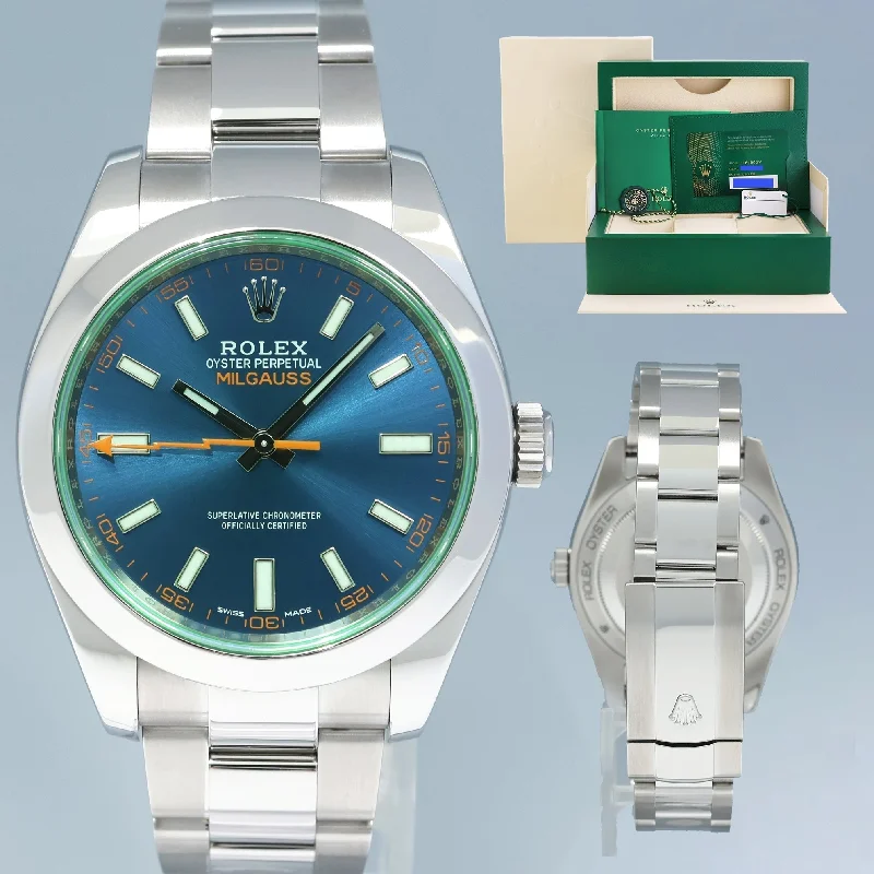 Elegant wristwatches for evening wear-2021 NEW PAPERS Rolex Milgauss Blue Anniversary Green 116400GV Steel Watch Box