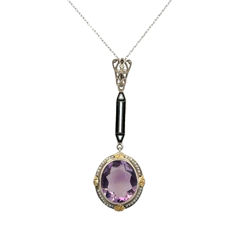 Trendy necklace for women-Vintage Amethyst and Seed Pearl Lavalier Necklace in 10k White and Yellow Gold