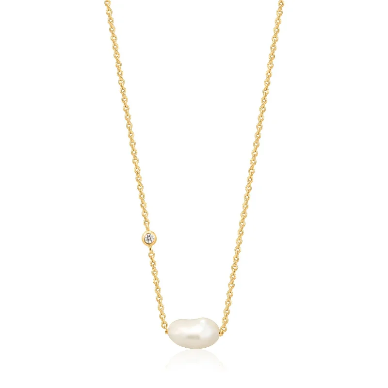 Long pendant necklace for women-Gold Plated Freshwater Pearl and Cubic Zirconia Necklace by Ania Haie