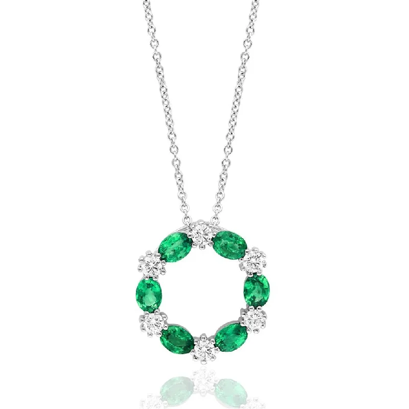 Gold and diamond necklace for women-14K White Gold 1.25ctw Emerald & Diamond Alternating Circle Necklace