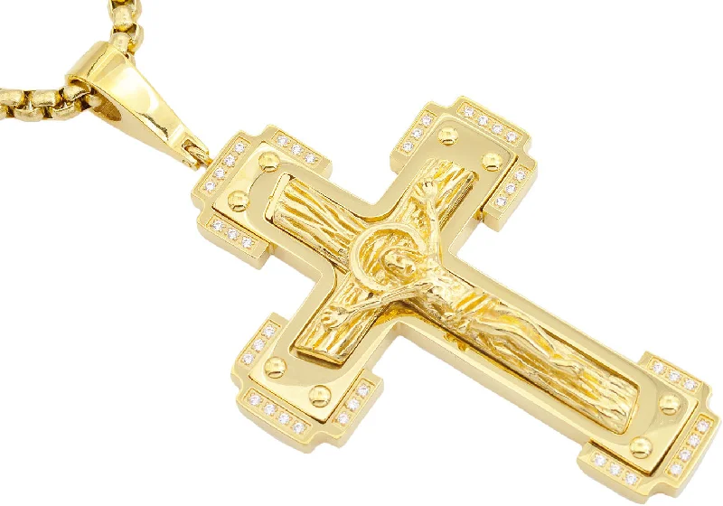 Ruby necklace for women-Mens Gold Stainless Steel Crucifix Pendant Necklace With Cubic Zirconia