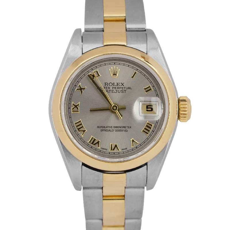 Wristwatches with a sapphire crystal-PAPERS Ladies Rolex DateJust Two-Tone 18K Gold Steel SLATE ROMAN 26mm 79163 BOX