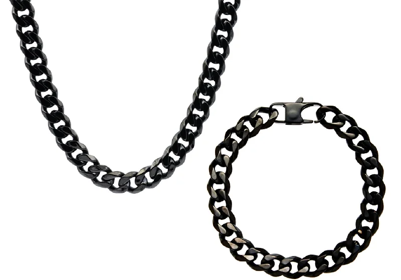 Long necklace for women-Mens 10mm Black Stainless Steel Curb Link Chain Set