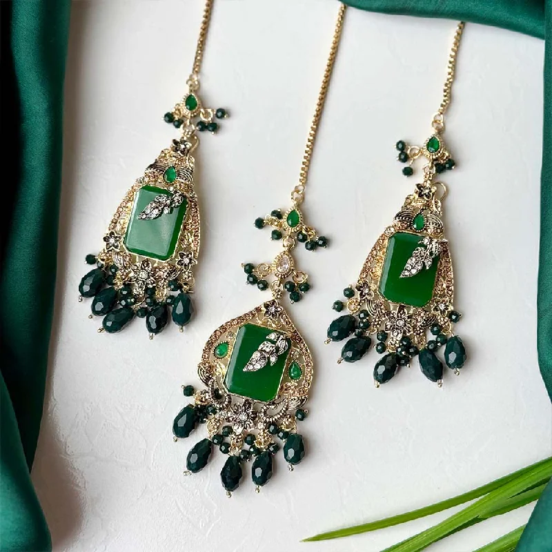 Statement earrings for women-Zarala Earrings Teeka Set (Green)