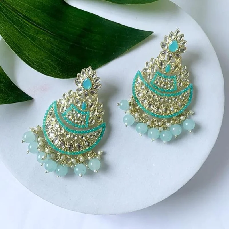 Artistic drop earrings for women-Etnico Gold Plated Intricately Designed Traditional Meena Work Kundans & Pearls Chandbali Earrings For Women (E3012) (Sky Blue)