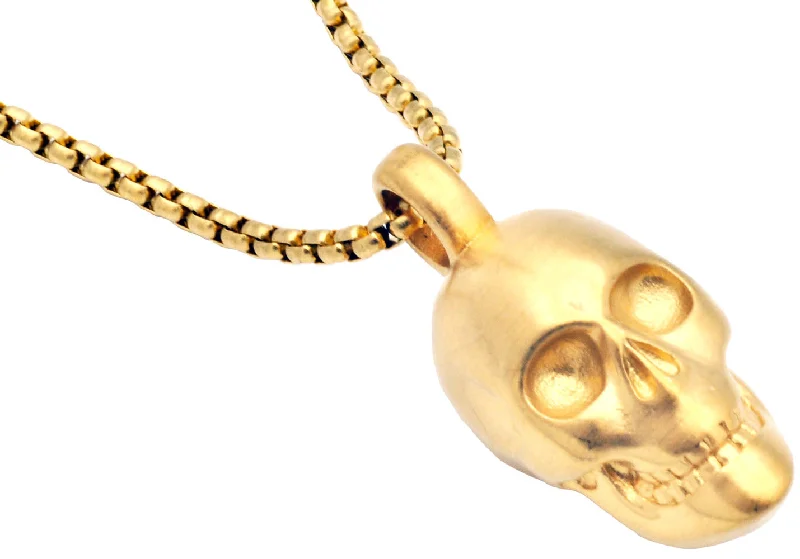 Adjustable necklace for women-Mens Gold Plated Stainless Steel Skull Pendant Necklace With 24" Box Chain