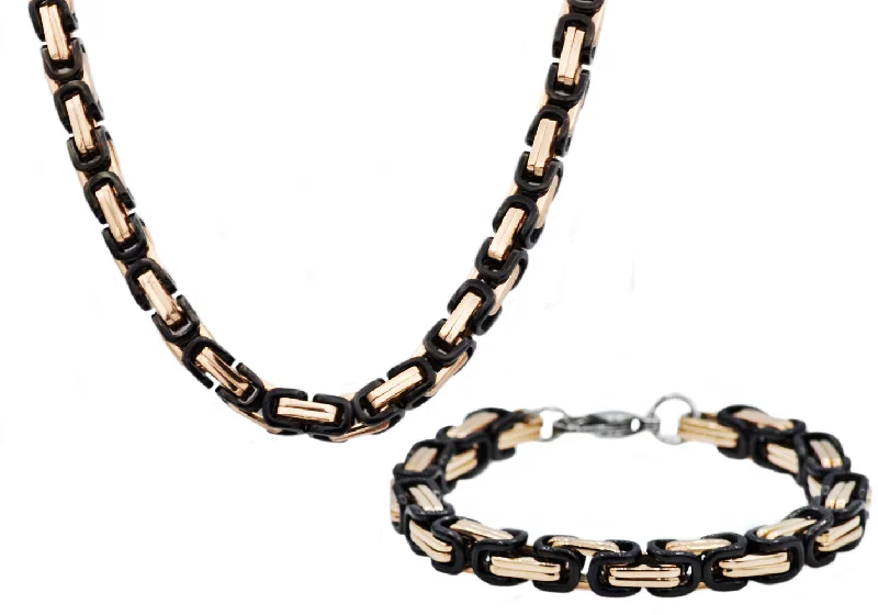 Classic necklace for women-Mens Rose And Black Stainless Steel Byzantine Link Chain Set