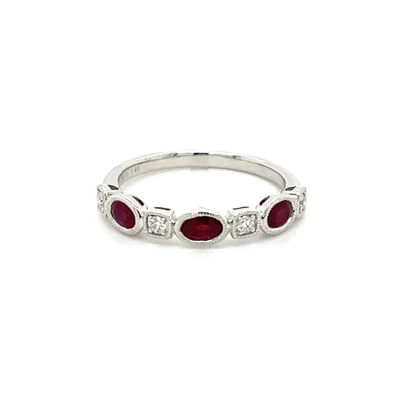 Custom diamond engagement rings for women-Oval Ruby and Diamond Band in 14 Karat White Gold