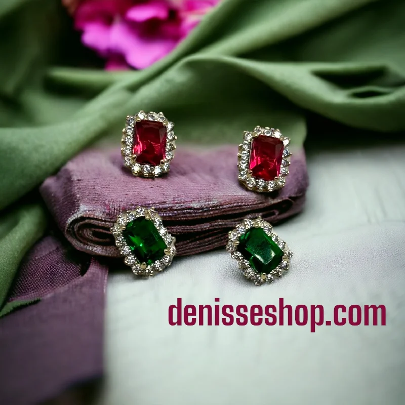 Stylish earrings for women-14K Green and Red Stone Earrings E222