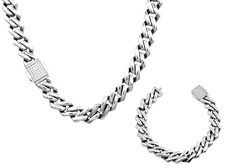 Birthday necklace for women-Mens 14mm Stainless Steel Monaco Link Chain Set With Cubic Zirconia Embedded Box Clasp