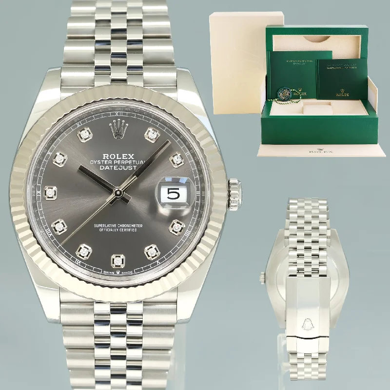 Silver wristwatches-2023 MINT Rolex DateJust 41 126334 Jubilee Rhodium Diamond White Gold Fluted Watch