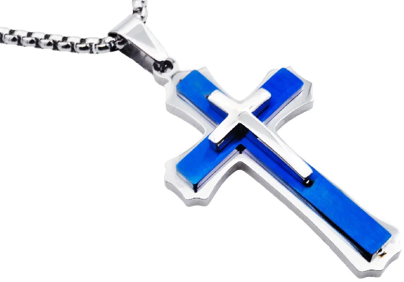 Chunky necklace for women-Mens Blue Plated Stainless Steel Cross Pendant Necklace