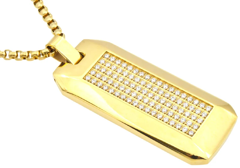 Chunky necklace for women-Mens Gold Plated Stainless Steel CZ Dog Tag Pendant Necklace With 24" Round Box Chain