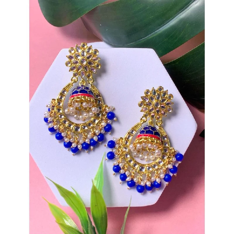 Hoops with diamonds earrings for women-Etnico Gold Plated Traditional Meenakari Kundan Studded Pearl Dangle Jhumki Earrings For Women & Girls (E3125Bl)