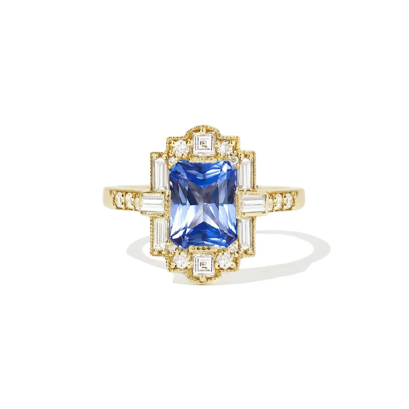 Rose gold diamond engagement rings for women-Cornflower Blue Radiant Cut Sapphire Deco Emerald Cut Diamond Mosaic Ring