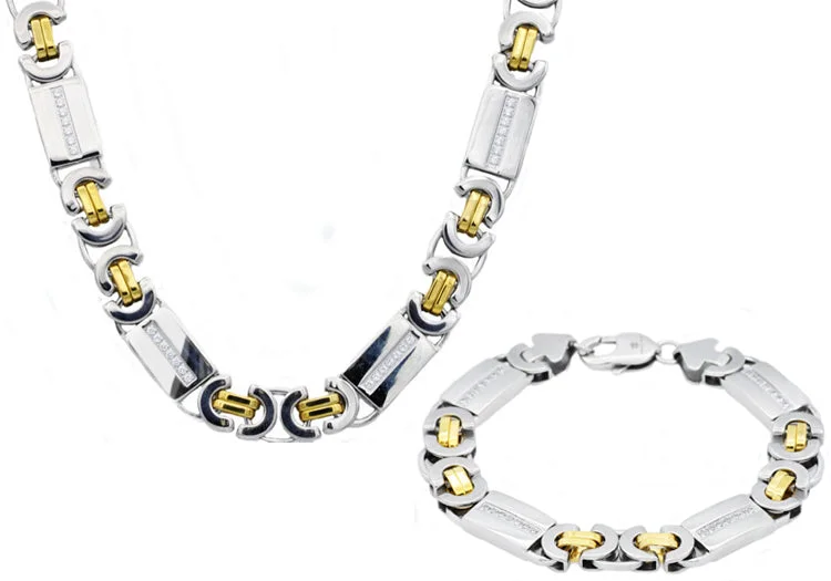 Wedding necklace for women-Mens Gold Stainless Steel Flat Byzantine Link Chain Set With Cubic Zirconia