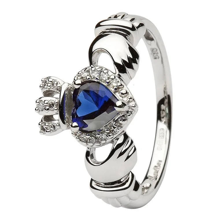 Engagement rings with emerald diamonds for women-Ladies 14K White Gold Claddagh Ring with Sapphire and Diamonds - SL-14L82SW