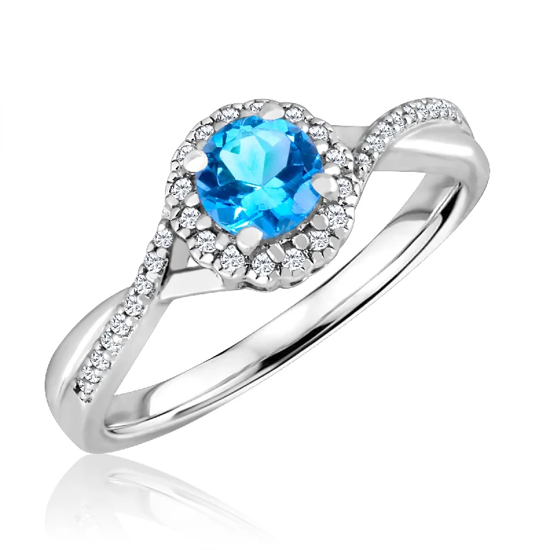 Classic engagement rings for women-Blue Topaz and Diamond Halo December Birthstone Ring in Sterling Silver